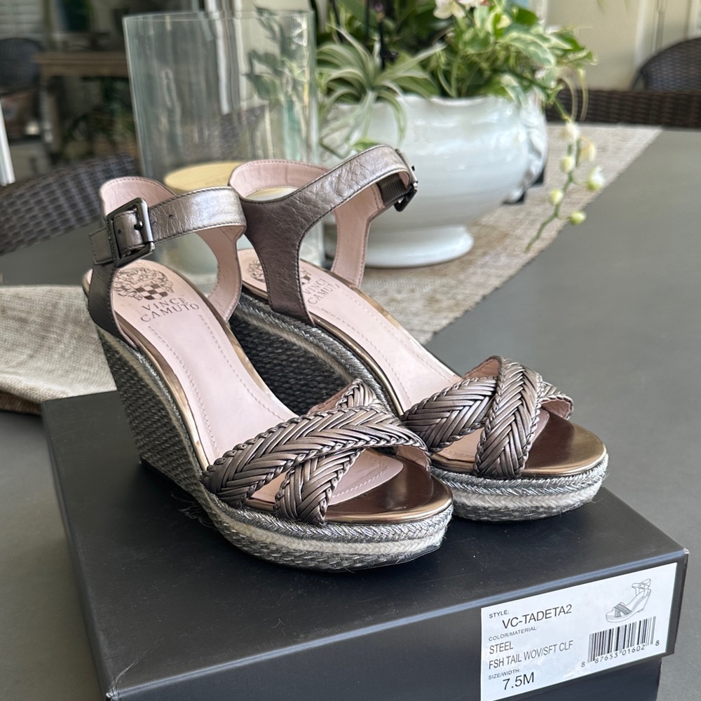 Vince Camuto Metallic Steel Braided Wedge Sandals. Leather upper. VC-TADETA2